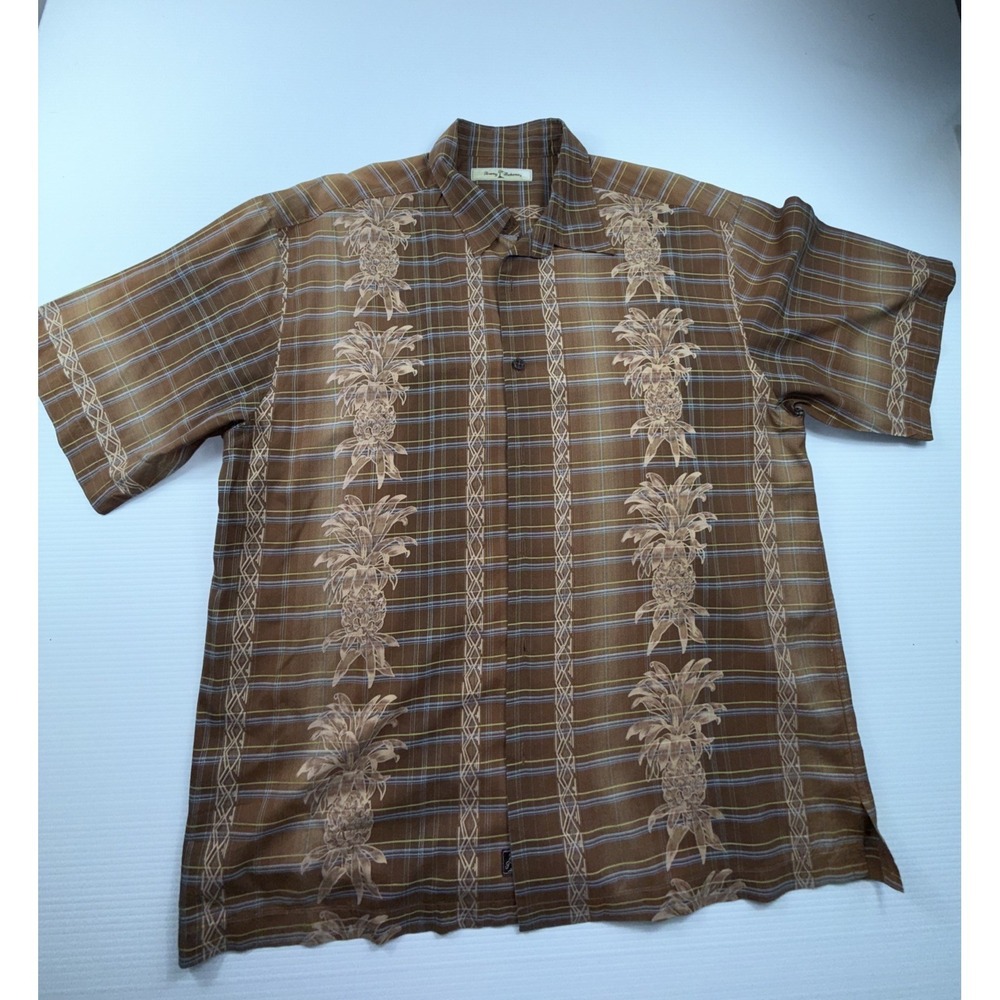 TOMMY BAHAMA MENS HAWAIIAN Silk SHIRT XL BROWN PINEAPPLE JACQUARD PLAID BLUE